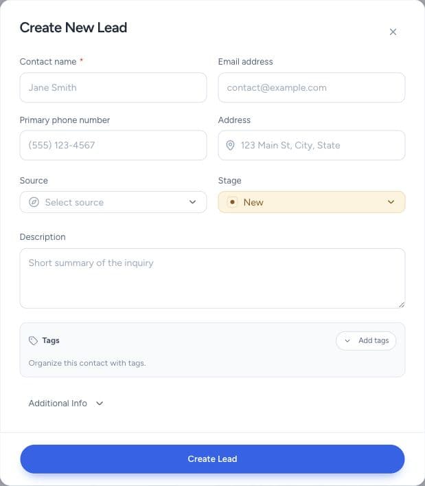 Create New Lead opens a blank contact form.