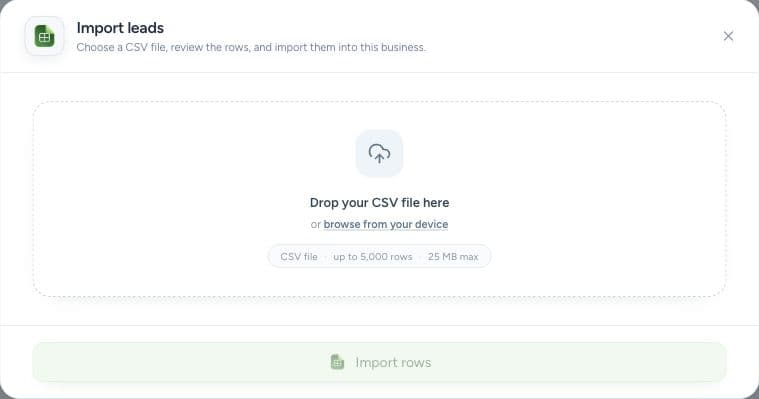 Import CSV opens a file-selection dialog. Review rows before completing an import.