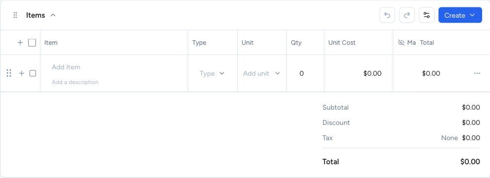 The estimate item table. Enter scope and pricing, then check the calculated totals.