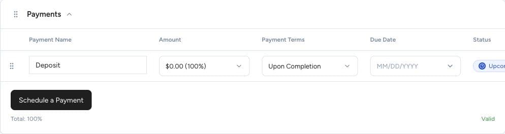 Payment schedule controls, shown on a new estimate.
