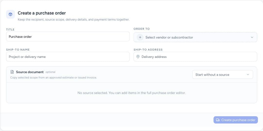 Start a purchase order with a supplier, delivery details, and optional source scope.