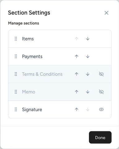 Section Settings controls document section order and visibility.